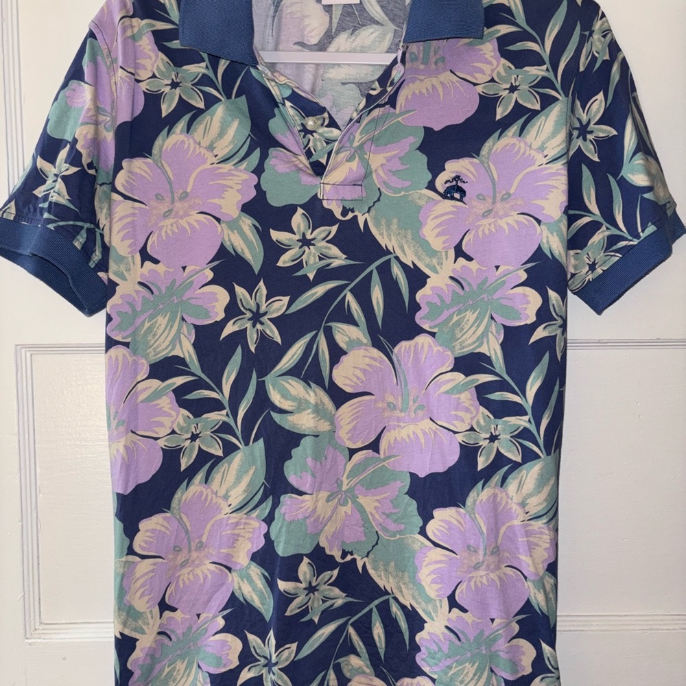 Brooks Brothers Blue and Purple Polo Shirt with Floral Design